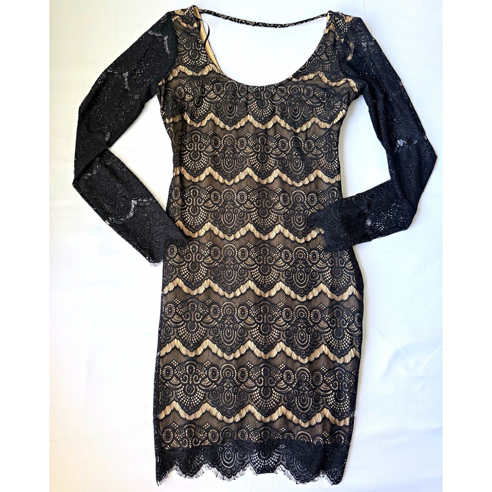 bebe Women's Black Lace Overlay Beige Lined Sheer Sheath Mini Dress L